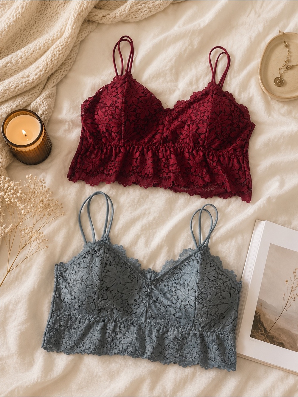 Lace Bralette Bundle Burgundy Dusty Blue Floral Lace Crop Cami Bras Size Large